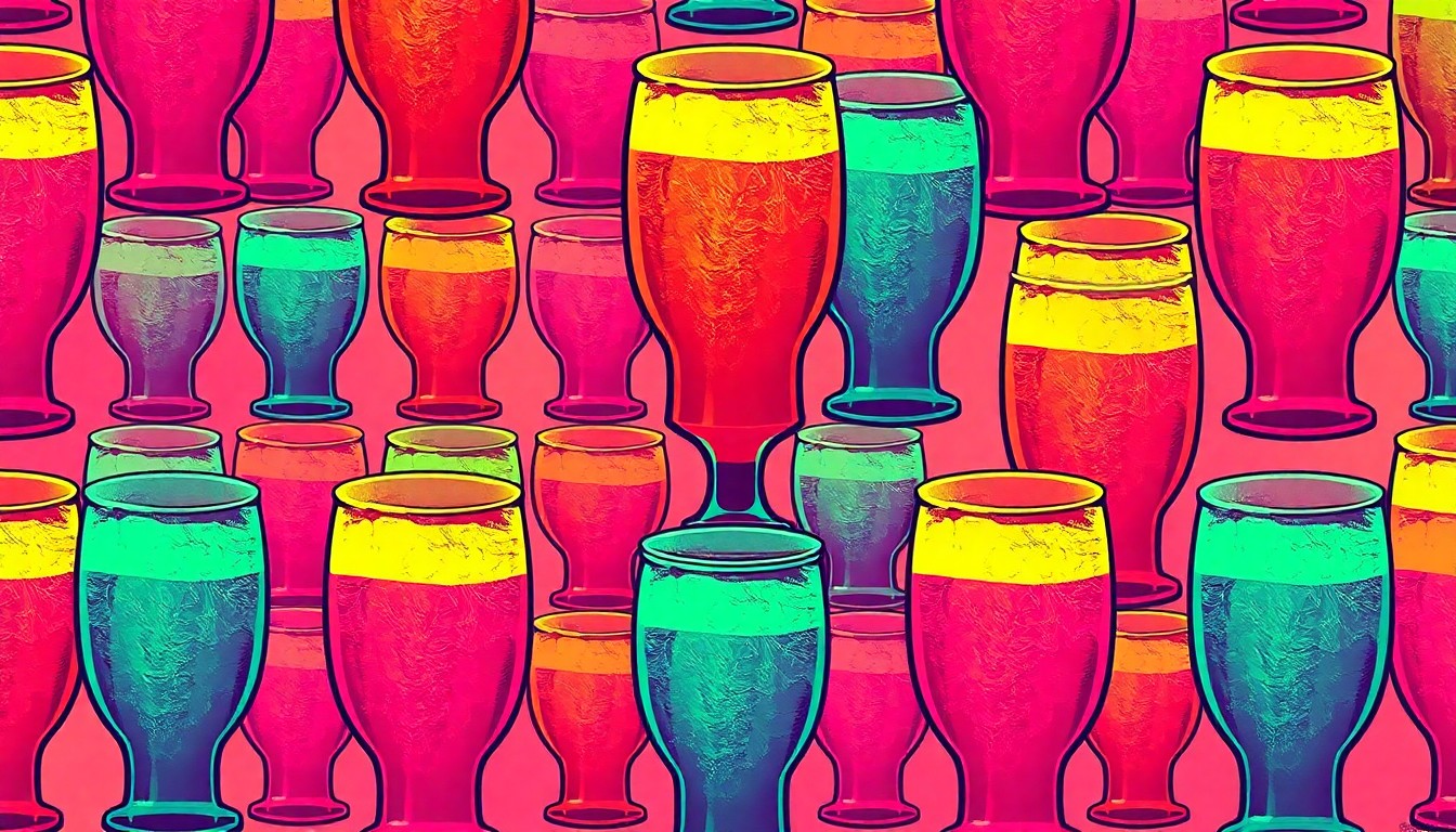 A highly stylized, pop art-inspired illustration featuring a repeating pattern of a craft beer glass in bold, neon-like colors, conceptually representing the energy and variety of the Hopfest event.
