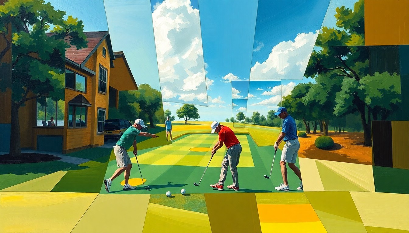 A fragmented, geometric painting in shades of green, brown, and blue, capturing the dynamic motion and multiple viewpoints of a high school golf competition.