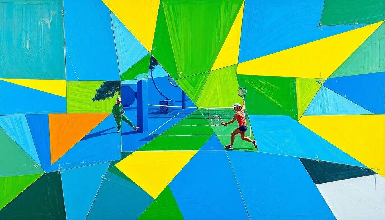 A cubist, geometric painting depicting a women's tennis match, with overlapping planes of blue, green, and yellow representing the dynamic action on the court.