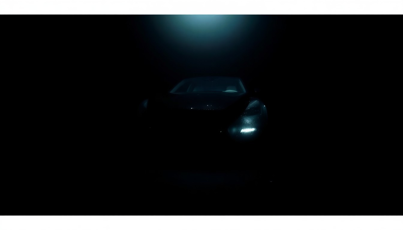 An extreme close-up of a shattered car sensor lens reflecting a faint red light, conceptually illustrating the vandalism of self-driving cars.
