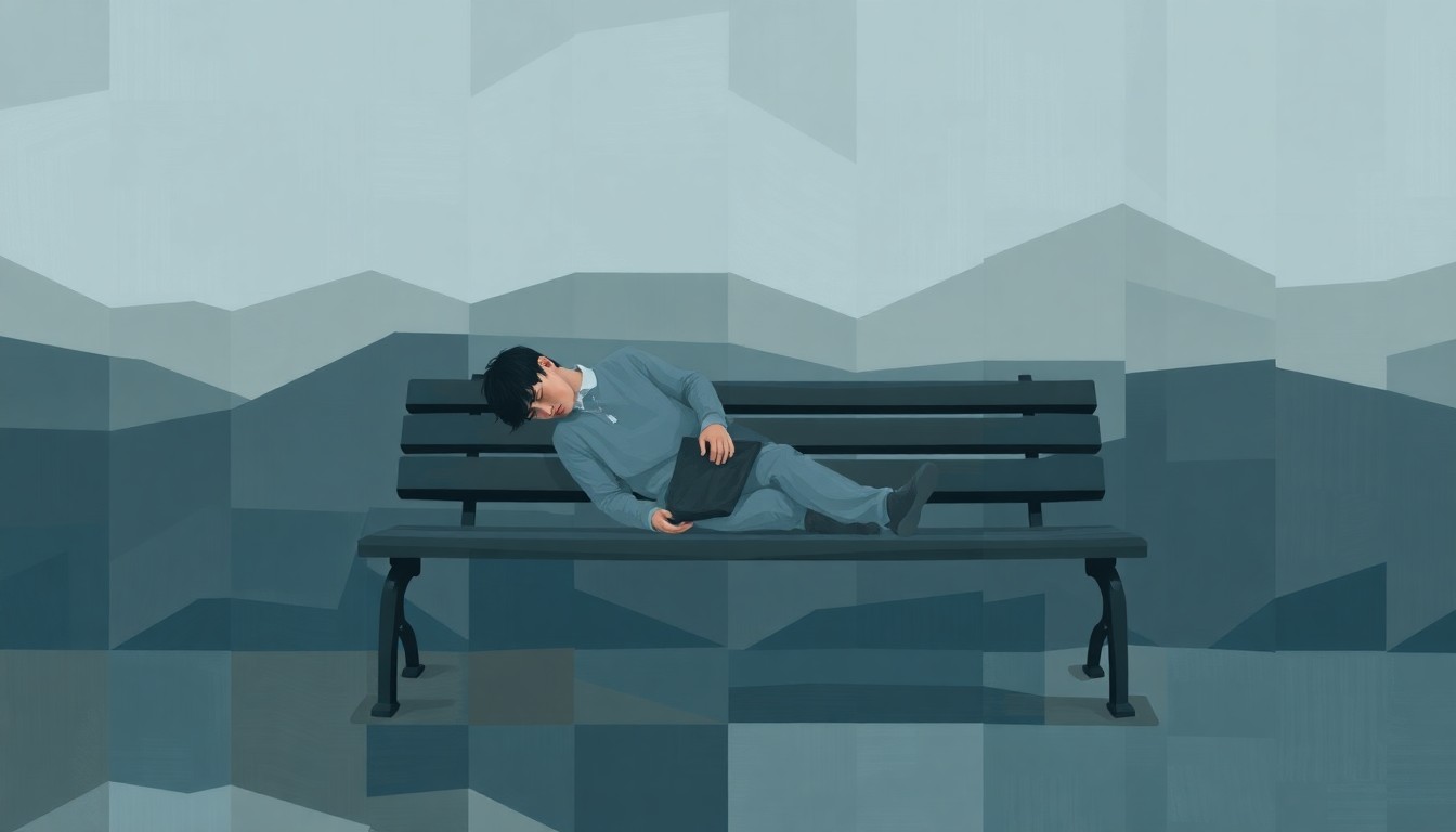 A conceptual illustration featuring overlapping, fragmented geometric shapes in shades of blue, gray, and brown, conveying a sense of motion and instability around the image of a person sleeping on a park bench.