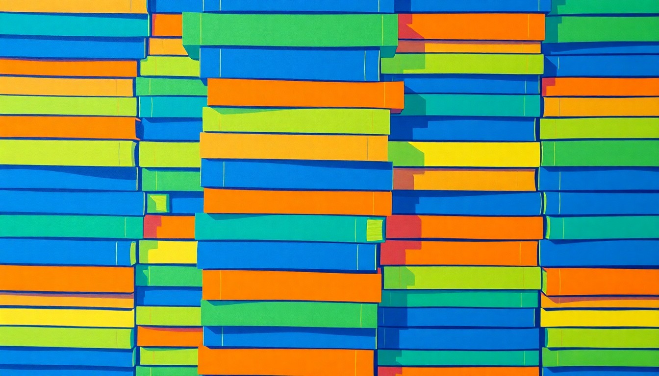 A bold, colorful silkscreen-style illustration featuring a repeating grid of stacked children's books in bright, vibrant hues, conceptually representing the emphasis on core literacy skills in Louisiana's updated educational standards.