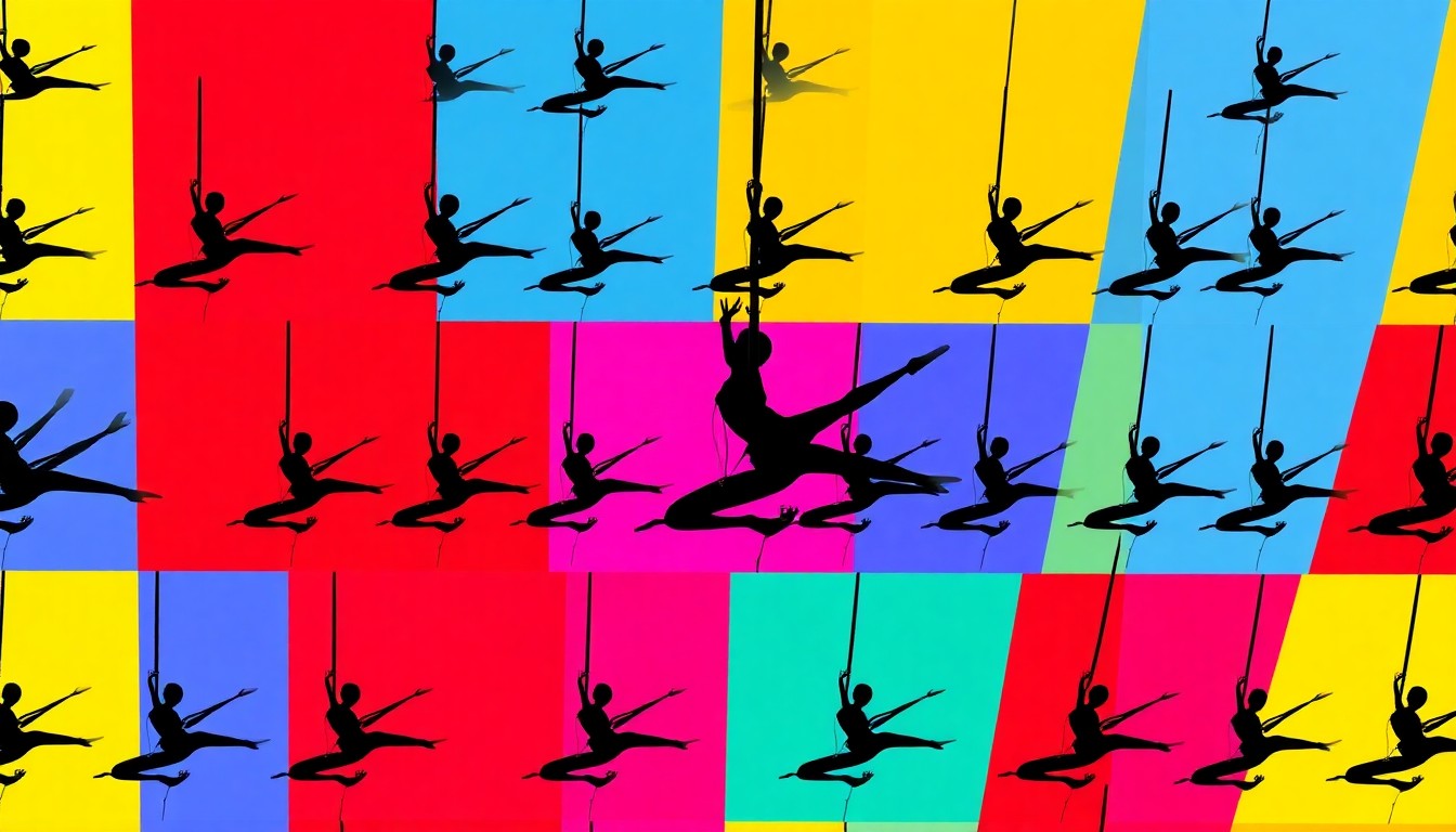 A vibrant, high-contrast silkscreen illustration depicting an aerial silk performer mid-maneuver, repeated in a grid pattern to capture the energy and artistry of this empowering community studio.