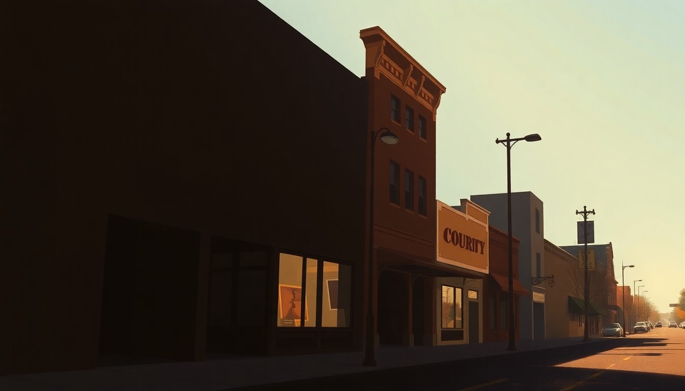 A serene, cinematic painting of a downtown Chico street corner, with warm sunlight casting long shadows across the pavement and buildings. The scene captures the nostalgic mood of the revitalization debate, without depicting any specific people, vehicles, or landmarks.