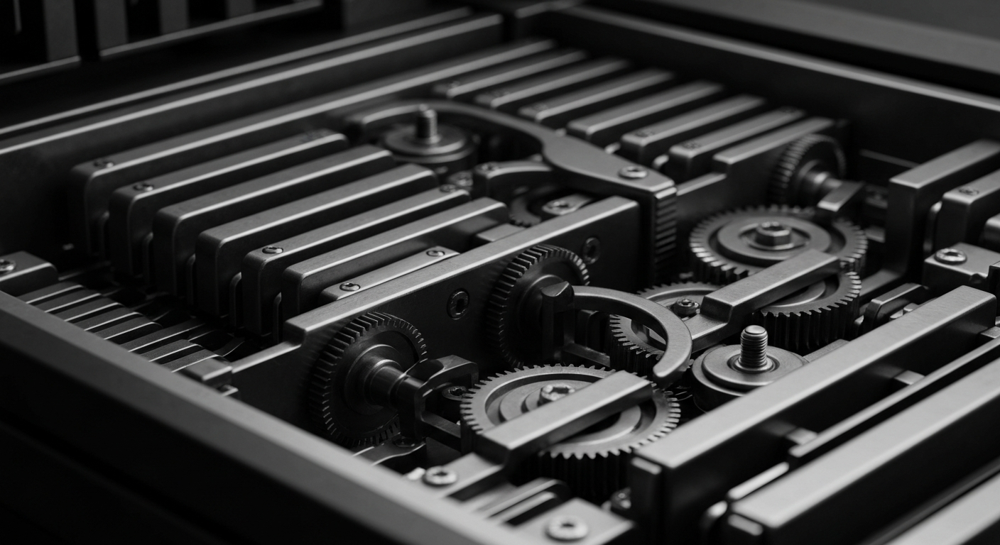 An extreme close-up of the gears, circuits, and metal components inside a credit card processing machine, conveying the secure, industrial nature of the technology enabling global digital payments.