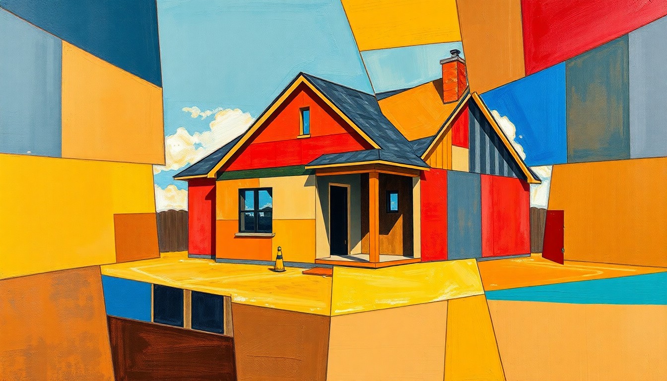A fractured, cubist-style painting depicting the construction of a new home, with geometric shapes and planes in warm earth tones, deep blues, and vibrant reds representing the collaborative efforts between the Indiana Fever and Habitat for Humanity.