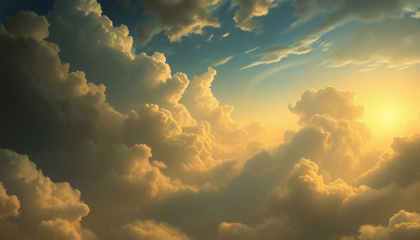 A sweeping, atmospheric landscape painting in muted tones of gray, blue, and gold, capturing the overwhelming scale and power of the natural world as it undergoes a dramatic weather shift.