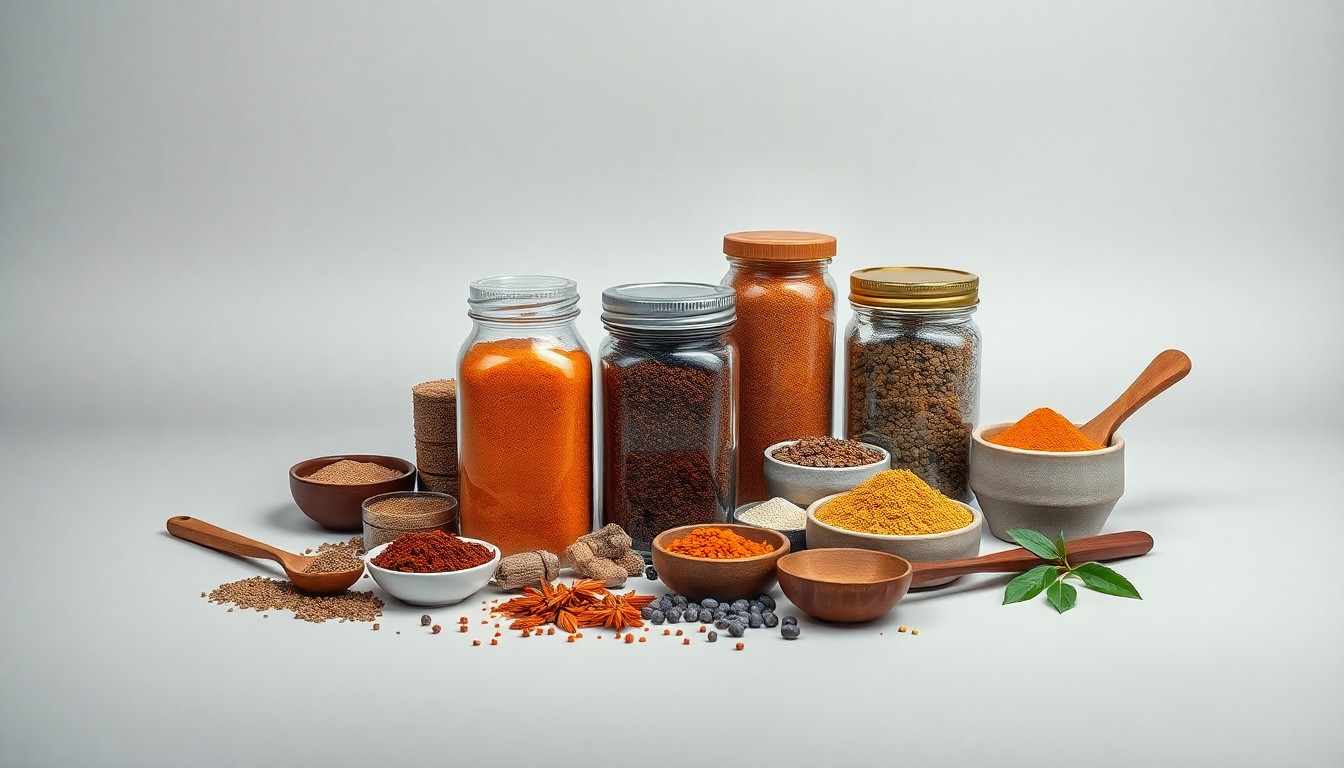 A high-end studio still life photograph featuring an elegant arrangement of premium spice jars, whole spices, and cooking utensils on a clean, monochromatic background, conceptually representing the quality, craftsmanship, and community connection of the specialty spice trade.