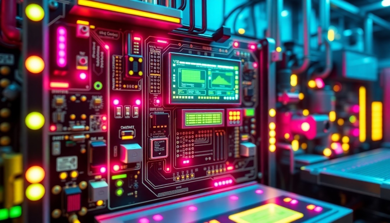 A highly detailed, glowing 3D macro illustration of a complex industrial control panel or manufacturing equipment, illuminated by neon cyan and magenta lights. The image features recognizable physical components like circuit boards, sensors, and actuators to ground the story of O3sigma's AI-powered intelligent manufacturing platform in tangible, high-tech reality.