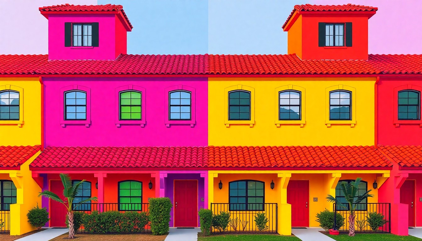 A brightly colored, high-contrast silkscreen print of a Spanish-style townhome facade repeated in a tight grid pattern, utilizing flat, vibrant, and unnatural neon color palettes overlapping with heavy black photographic outlines to turn the everyday residential architecture into modern pop art.