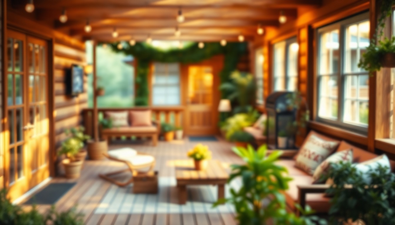 A softly blurred, impressionistic photograph in warm, earthy tones depicting an intimate outdoor living space with a wooden deck, potted plants, and a glimpse of a traditional home in the background, conceptually representing the private, cozy atmosphere of the Gainesville property.