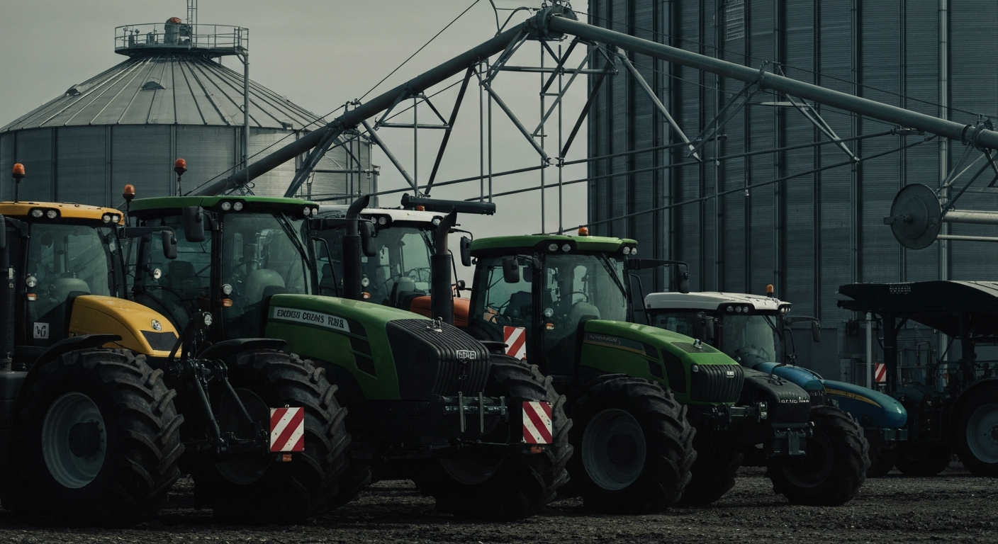 A dramatic, high-contrast close-up of large, industrial agricultural machinery and equipment, conveying the scale and complexity of modern farming and finance.