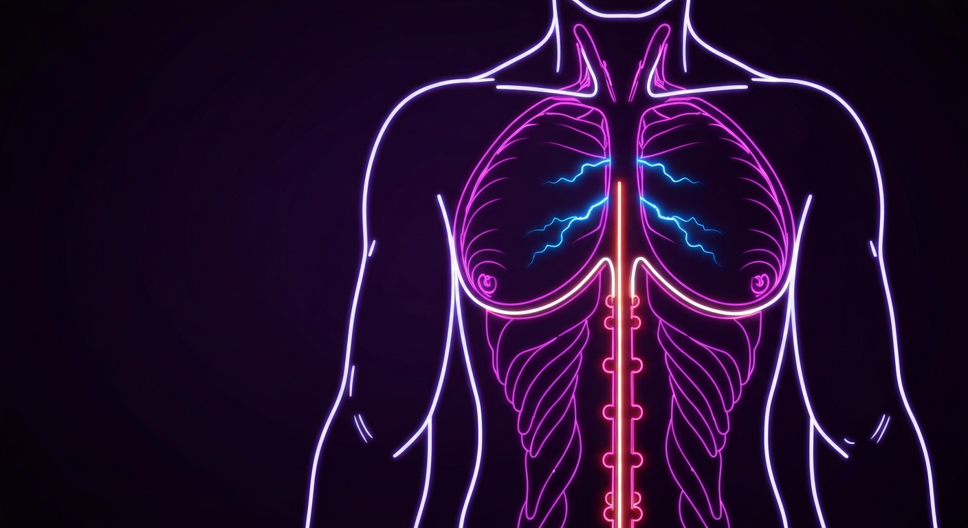 A glowing neon outline of a person's torso and chest area, representing the medical procedures undergone during gender transition, against a dark background.