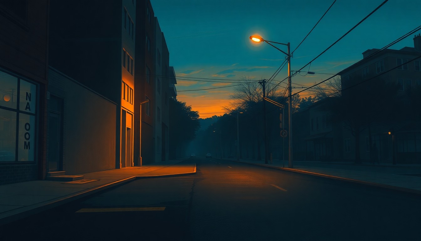 A serene, nostalgic painting of a deserted urban street at dusk, with a single streetlight casting warm, dramatic shadows across the pavement, conceptually representing the quiet yet persistent legal fight between cities and oil companies over climate change.
