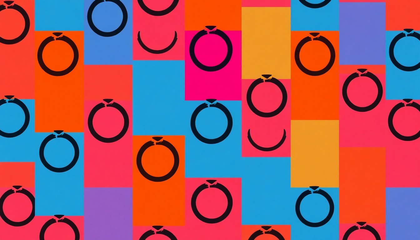 A vibrant, high-contrast silkscreen print featuring a stylized wedding ring icon repeated in a grid pattern, using bold neon colors and heavy black outlines to transform a classic wedding symbol into a modern pop art composition.
