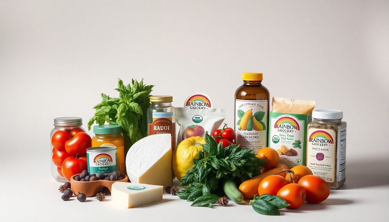 A high-end, photorealistic studio still-life photograph featuring a collection of premium natural and organic food products from Rainbow Grocery Cooperative, including artisanal cheeses, fresh produce, and herbal supplements, arranged elegantly on a clean, monochromatic seamless background, conceptually representing the cooperative's commitment to community values, environmental consciousness, and access to nutritious foods.