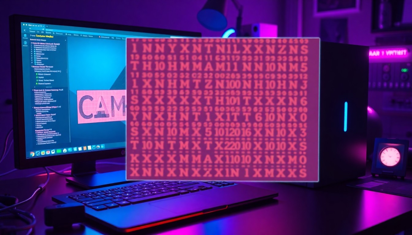 A highly detailed 3D illustration of a glowing, neon-lit computer desktop with various digital elements like windows, icons, and cables pulsing with cyan and magenta light. The desktop is partially obscured by a large, translucent CAPTCHA grid overlay, representing the deceptive nature of the scam.