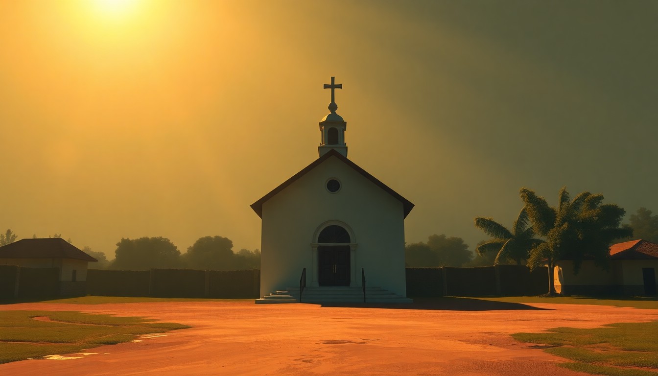 A serene, photorealistic painting of a Catholic church in Bamenda, Cameroon, with warm sunlight streaming through the windows and deep shadows cast across the building, conveying a sense of quiet contemplation amidst the region's ongoing turmoil.
