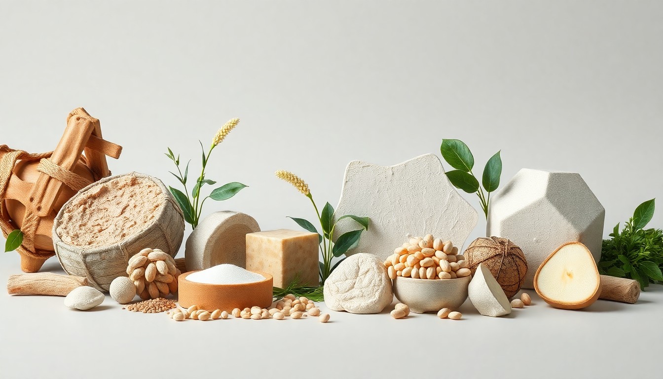 A high-end, photorealistic studio still-life photograph featuring an elegant arrangement of shiny metallic shapes, smooth wooden blocks, and other premium raw materials on a clean white background, representing the abstract concepts of agricultural innovation and funding.