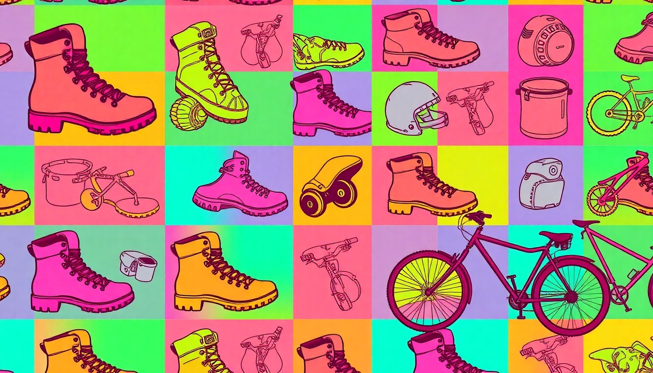 A highly stylized, pop art-inspired illustration featuring a repeating grid of a single, iconic outdoor recreation item such as a hiking boot or mountain bike, rendered in a bold, neon color palette with heavy black outlines, conceptually representing the lifestyle opportunities of the Sisters, Oregon property.