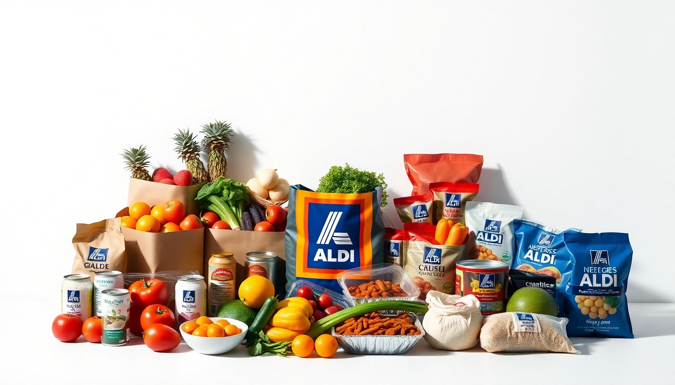 A carefully composed studio photograph featuring a variety of Aldi grocery items neatly arranged on a clean, monochromatic background, conceptually representing the retailer's commitment to reducing food waste and supporting local communities.