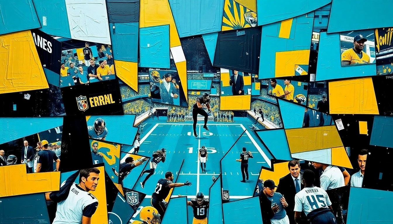 A cubist, geometric painting in the colors of the Jacksonville Jaguars, depicting fragmented and overlapping shapes that suggest the energy and anticipation of an NFL Draft.