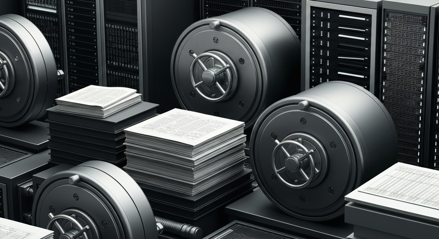 An extreme close-up of various metal and electronic components that make up the inner workings of a bank or financial institution, conveying the idea of the heavy, tangible infrastructure that underpins the global economy.