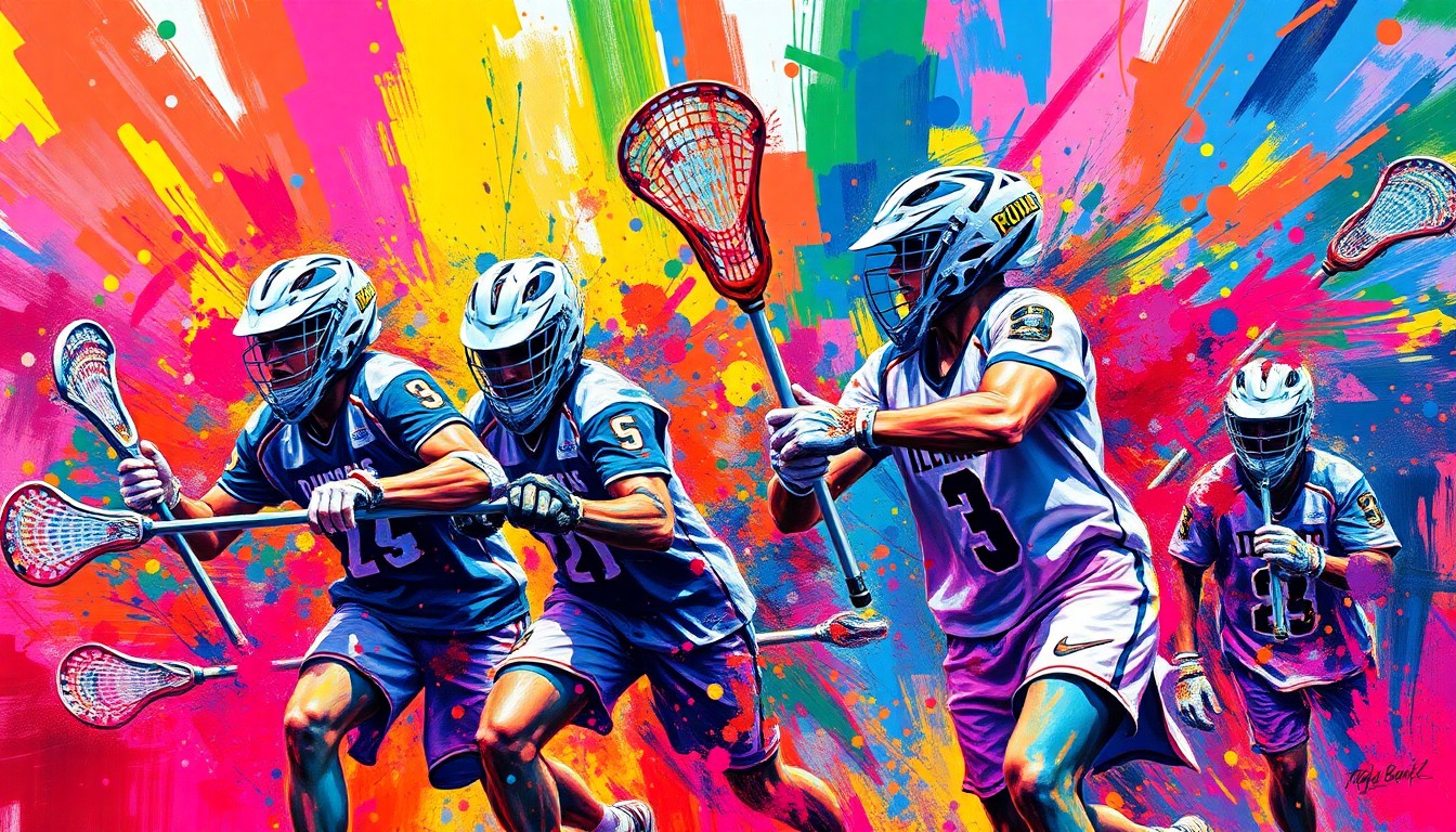 An abstract expressionist painting in neon colors depicting the intense action and energy of a boys lacrosse game, with players' forms dissolving into colorful brushstrokes.