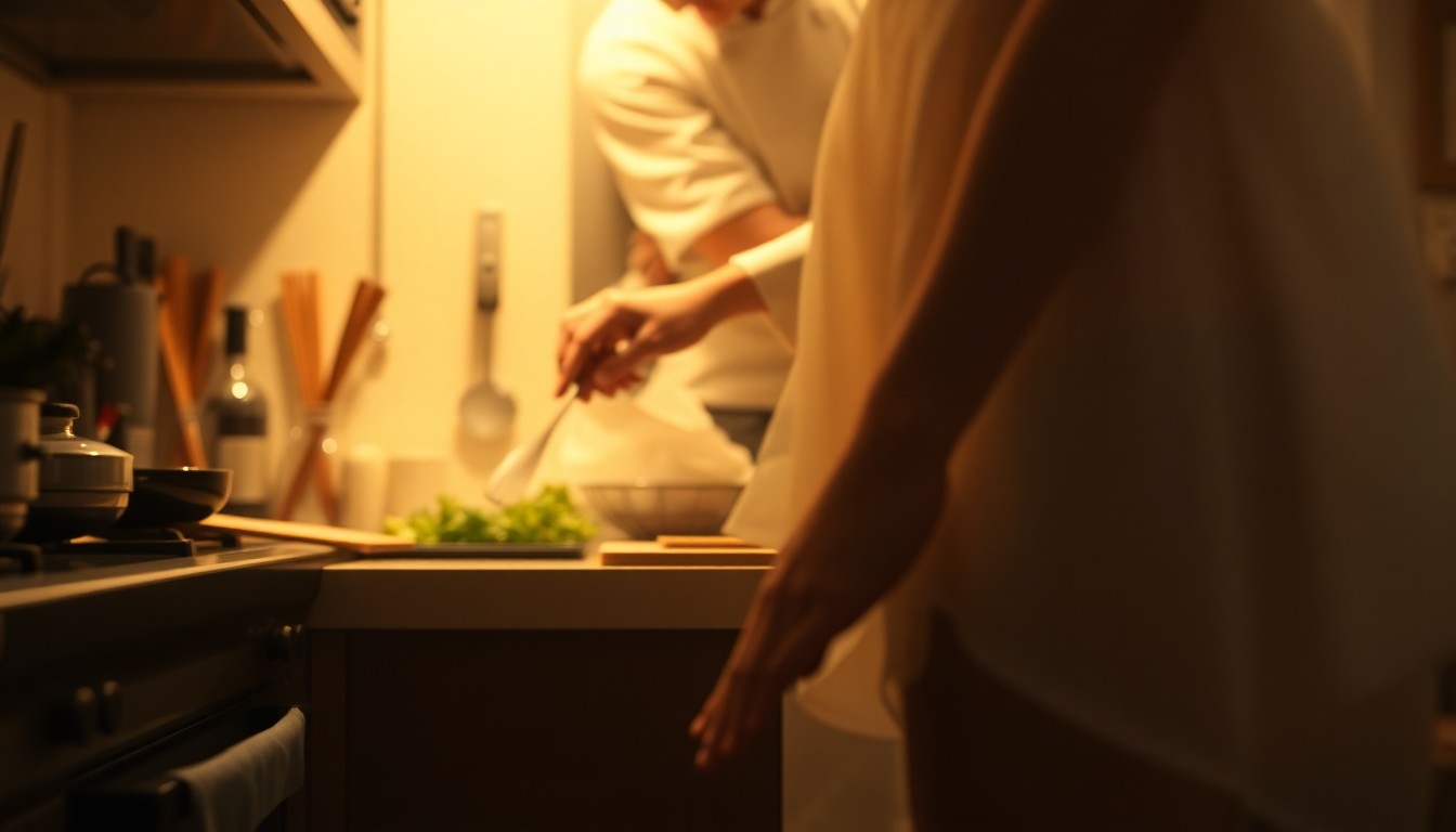 An abstract, out-of-focus photograph depicting a chef's hands preparing food in a kitchen, with a ballerina's legs in the foreground, creating a dreamlike, atmospheric scene that captures the duality of Yoshiko Kamikusa's life as both a restaurant owner and prima ballerina.