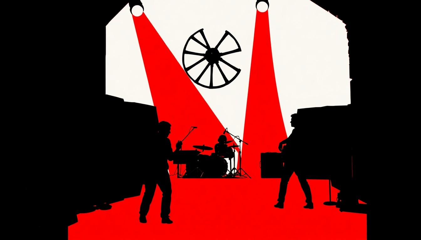 An abstract, minimalist illustration using bold black shapes and high-contrast colors to represent the concept of a live music performance at a historic mill, without depicting any specific people, places or branding.