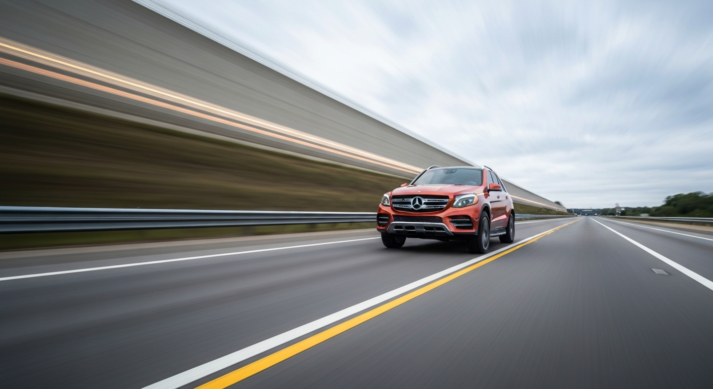 An abstract, sweeping photograph in vibrant colors, capturing the motion of a Mercedes-Benz SUV speeding down a highway, conveying a sense of modern engineering and travel.