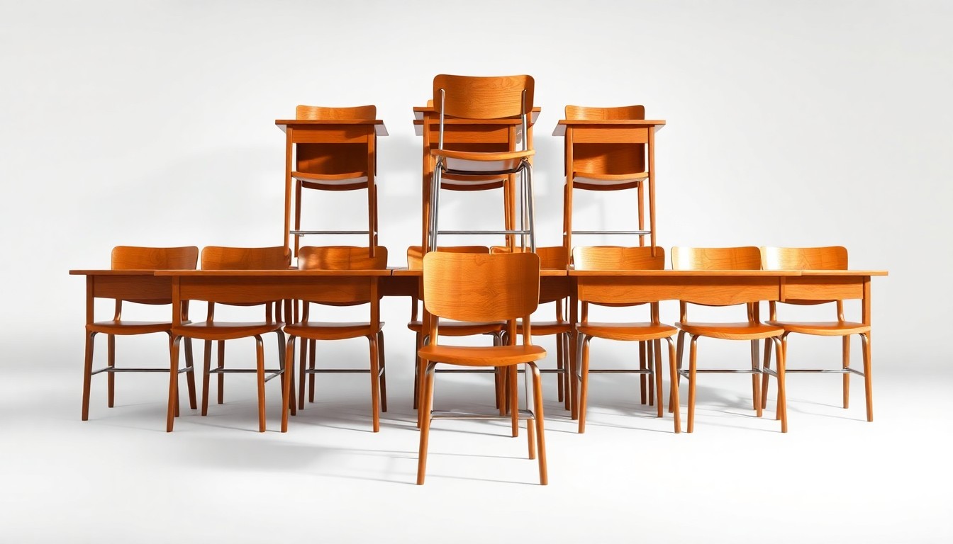 A high-end, photorealistic studio still-life photograph featuring a stack of wooden school desks and chairs arranged elegantly on a clean, white background, conceptually representing the premium quality and timeless design of Virco's education-focused products.