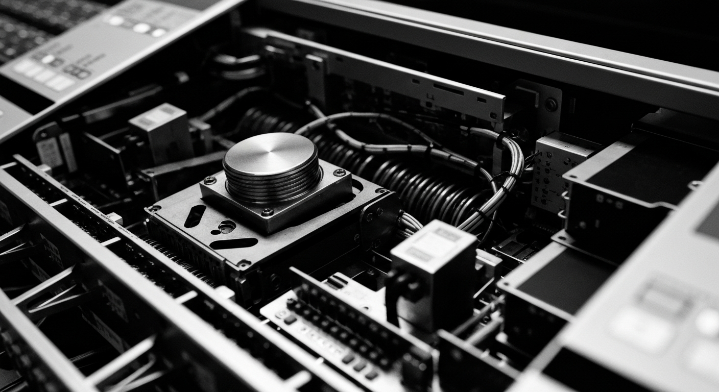 A high-contrast, black and white close-up image of the internal components and circuitry of a stock trading terminal or financial data server, conveying the idea of the powerful, industrial infrastructure that underpins modern finance without using any text or identifiable branding.