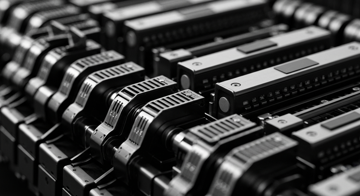 A high-contrast, cinematic close-up of the heavy, industrial hardware and mechanics of a financial transaction processing system, conveying the secure infrastructure that enables cross-border money transfers.