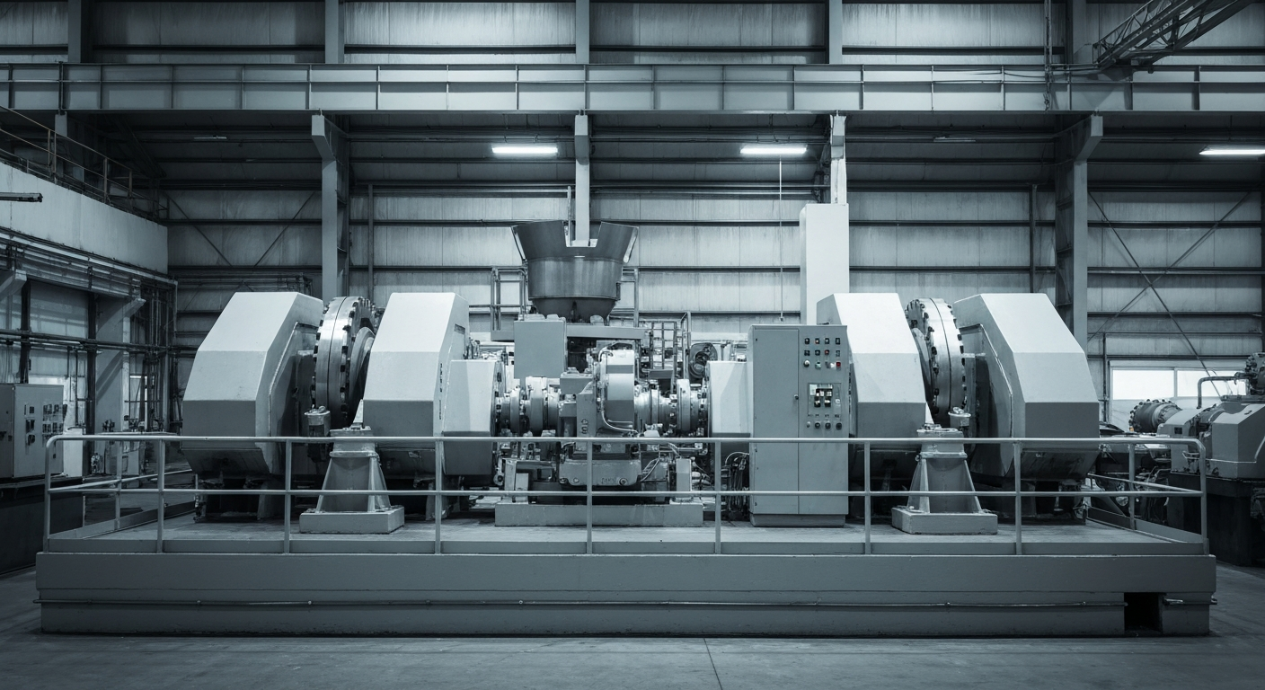 An extreme close-up of industrial food processing equipment, conveyor belts, and storage tanks, conveying the tangible, physical nature of Conagra Brands' operations as a major consumer packaged goods company.