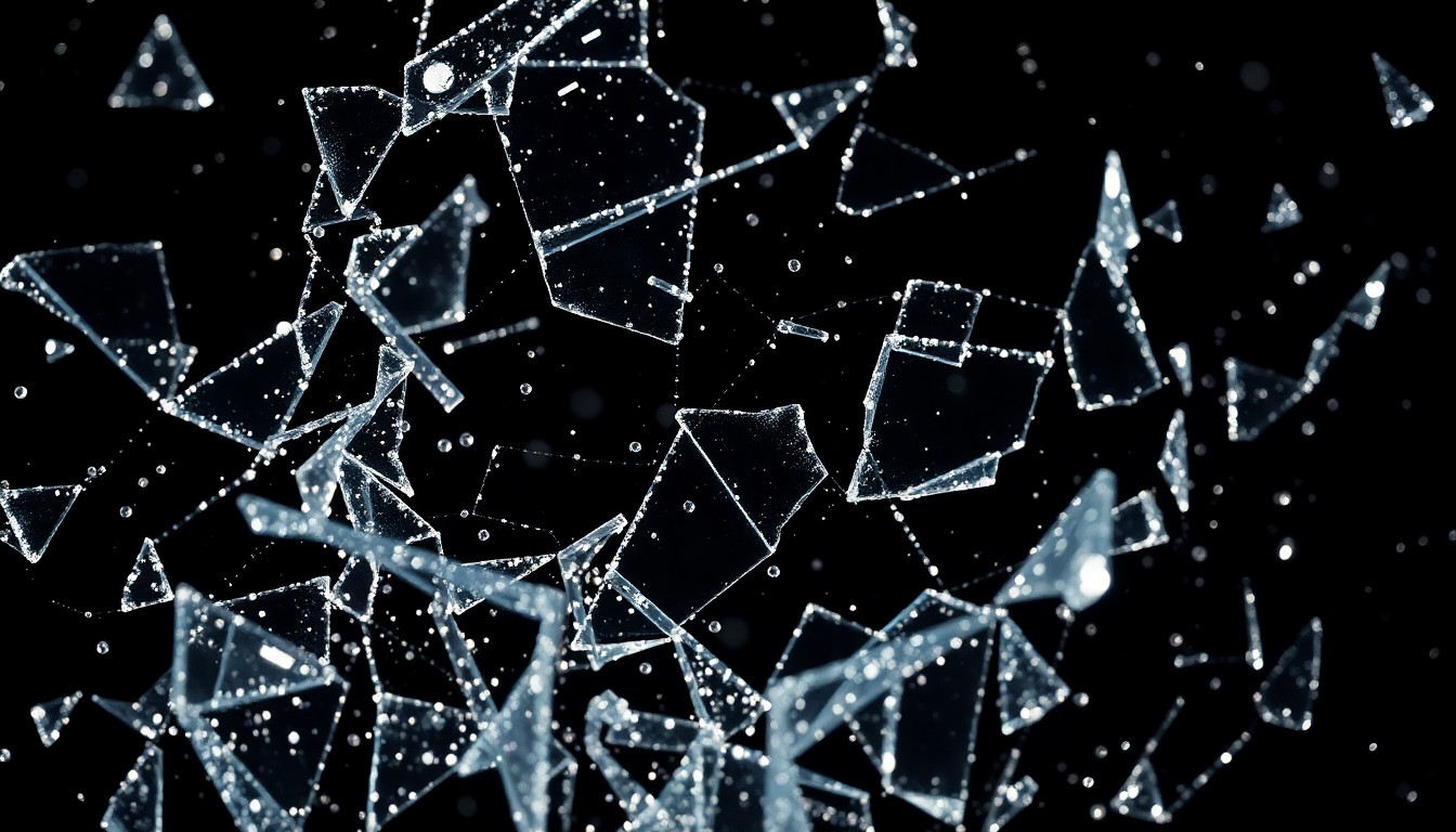 An extreme close-up photograph of shattered, glittering disco glass in high-contrast studio lighting, conceptually representing the glamour and luxury of Coachella's brand activations.