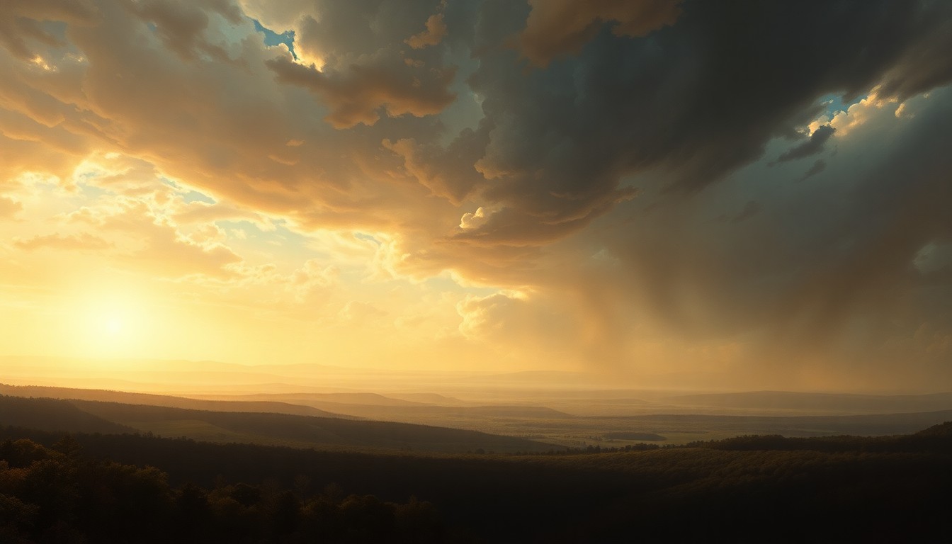 A vast, majestic landscape painting in muted tones of orange, yellow, and gray, capturing the overwhelming, sublime scale of the intense heat wave in South Carolina. The scene uses deep perspective and dramatic backlighting to convey the mood of the natural environment's power, with any physical structures or objects dwarfed by the overwhelming heat.