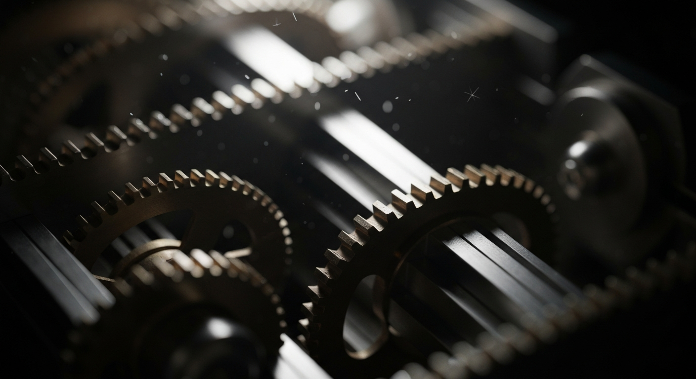A highly detailed, black-and-white close-up photograph of the heavy, industrial machinery and mechanisms inside a bank vault, conveying a sense of institutional strength and financial security.