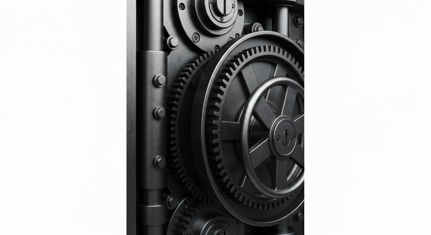 An extreme close-up of the intricate mechanical components of a bank vault, conveying a sense of the secure, powerful infrastructure that underpins the financial industry.