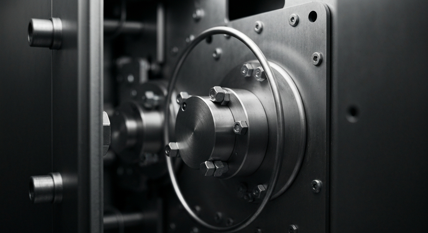 A close-up, high-contrast image of the inner workings of a banking vault or ATM machine, conveying a sense of industrial power and the physical infrastructure of the financial system.