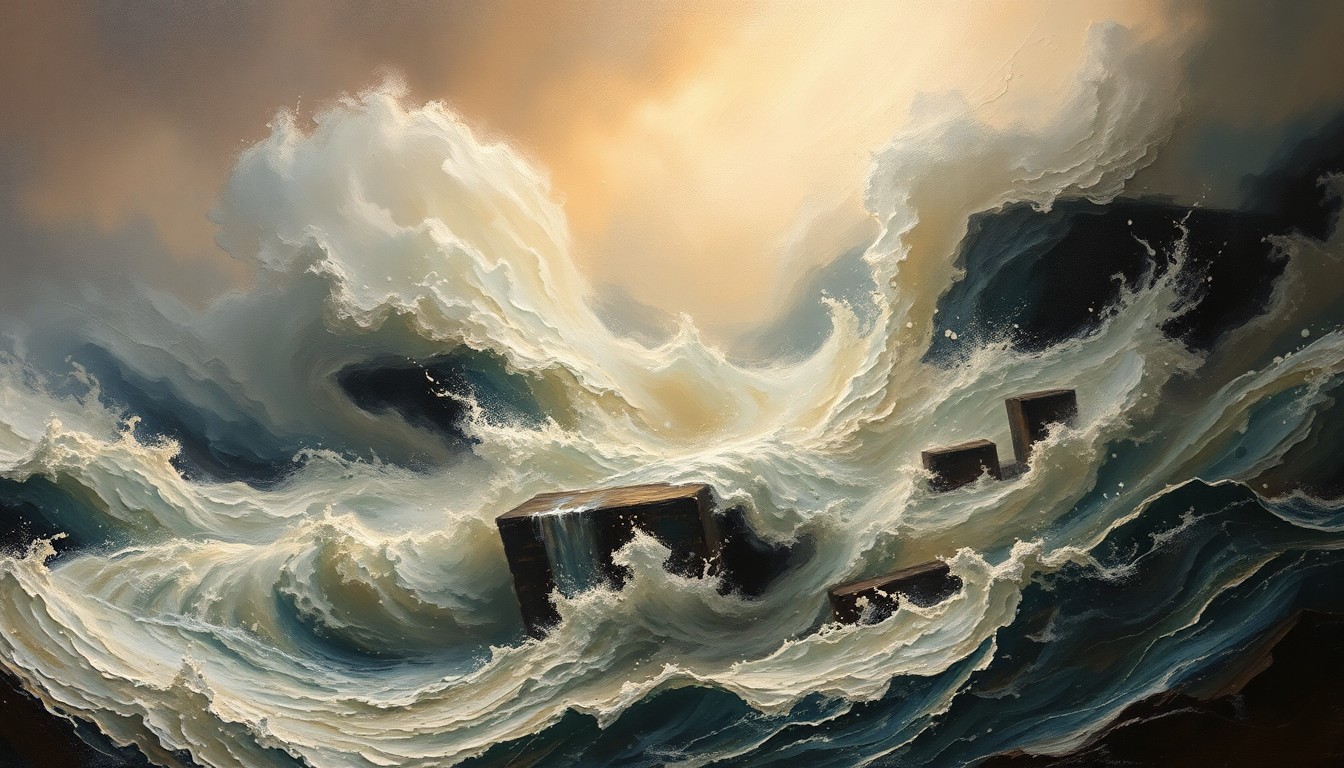 A dramatic, sweeping oil painting depicting a massive flood engulfing a city, with buildings and vehicles dissolving into a swirling, atmospheric vortex of turbulent waters and heavy brushstrokes, conveying the raw power of the natural disaster.