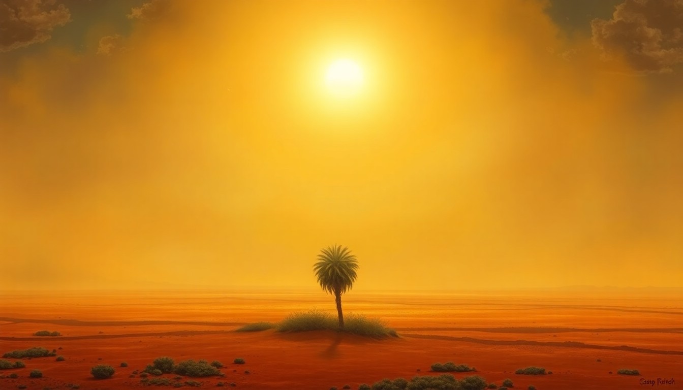 A sweeping, atmospheric landscape painting in muted tones of orange, yellow, and brown, with a lone palm tree or other small vegetation dwarfed by the vast, hazy horizon under a blazing sun, conveying the overwhelming scale and intensity of the impending heat wave.