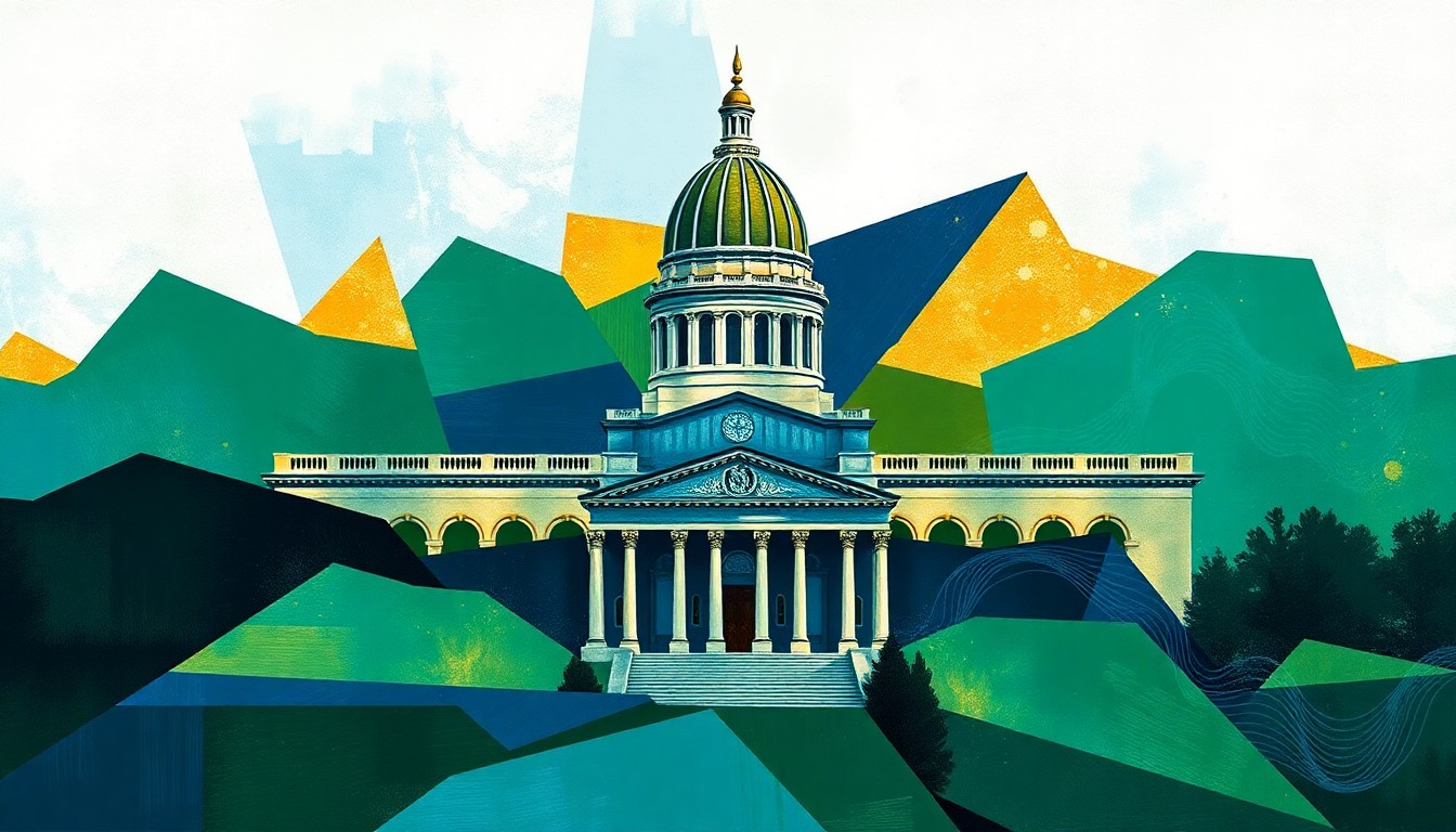 An abstract, fragmented painting in shades of blue, green, and gold depicting the Missouri state capitol building, conveying the disruptive impact of a recent tax policy change on the state's finances.