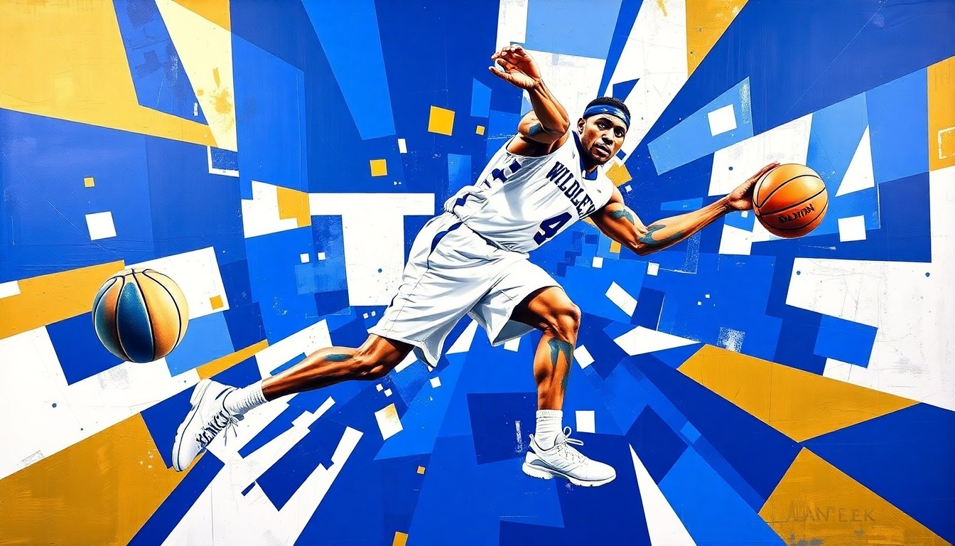 A cubist-style painting depicting a basketball player in motion, with their figure broken down into sharp, overlapping geometric shapes in shades of blue, white, and gold.