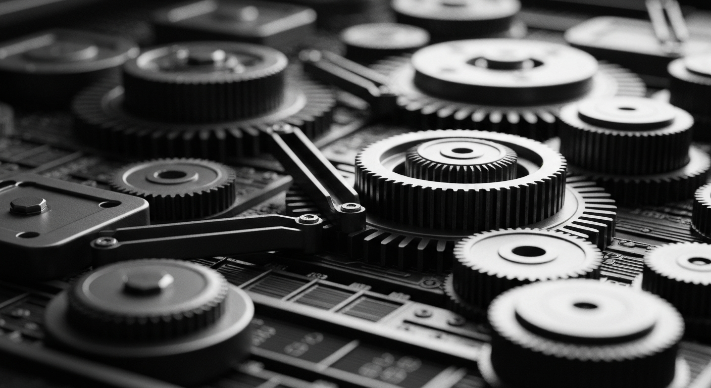 A high-contrast, close-up image of the complex inner workings of a cryptocurrency exchange's trading platform, with a focus on the heavy, industrial nature of the financial infrastructure without any text or identifiable branding.