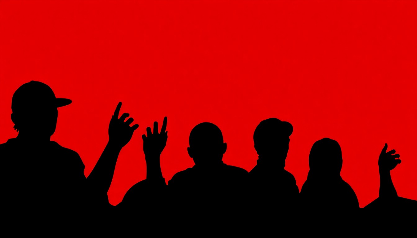 An abstract composition of sharp, angular black shapes against a bright red background, conveying the dynamic energy and global reach of the Asbury Park hip-hop scene.