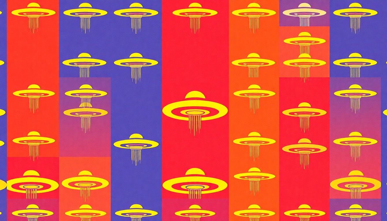 A bold, abstract grid of stylized UFO icons in a vibrant color palette, conceptually representing the human capacity to maintain contradictory beliefs.
