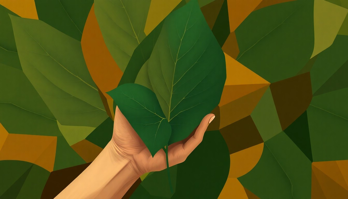 A conceptual illustration featuring overlapping, fragmented geometric shapes in earthy tones, representing the complex and divisive debate around the potential regulation of the herbal supplement kratom.