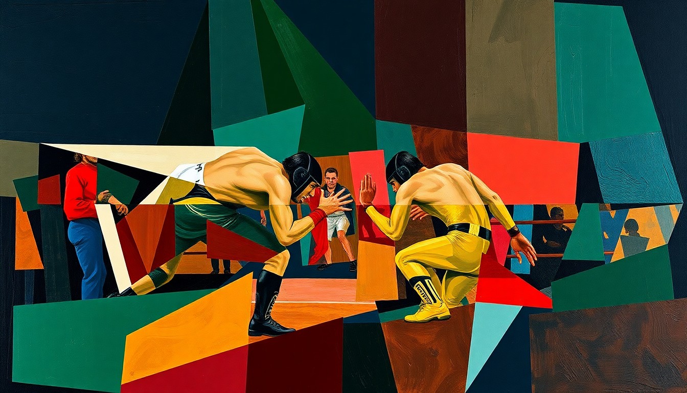 A cubist, geometric painting depicting the dynamic movements and competitive intensity of a wrestling match, with sharp planes of color and overlapping perspectives conveying the sport's raw energy.