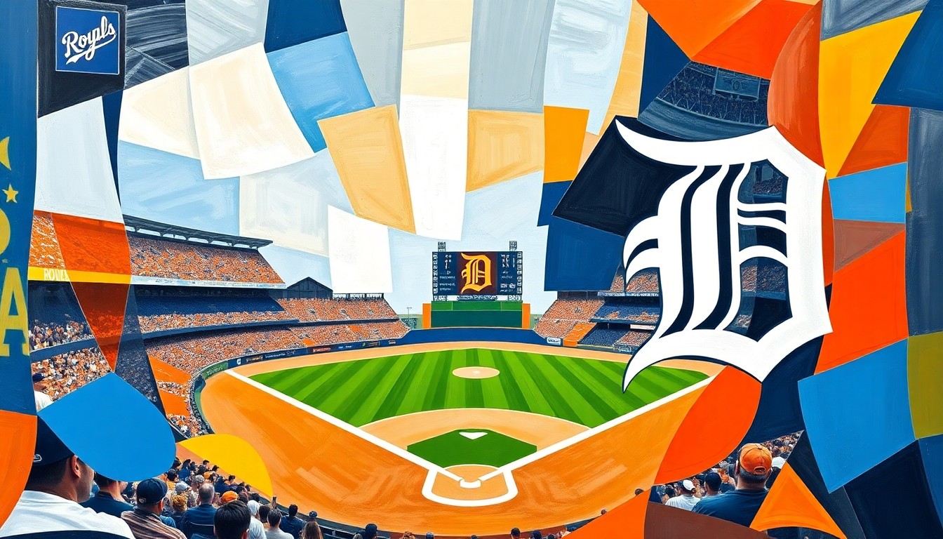 A fractured, cubist-style painting depicting a baseball game between the Kansas City Royals and Detroit Tigers, with the players and field broken down into sharp, overlapping geometric shapes in the teams' official colors.